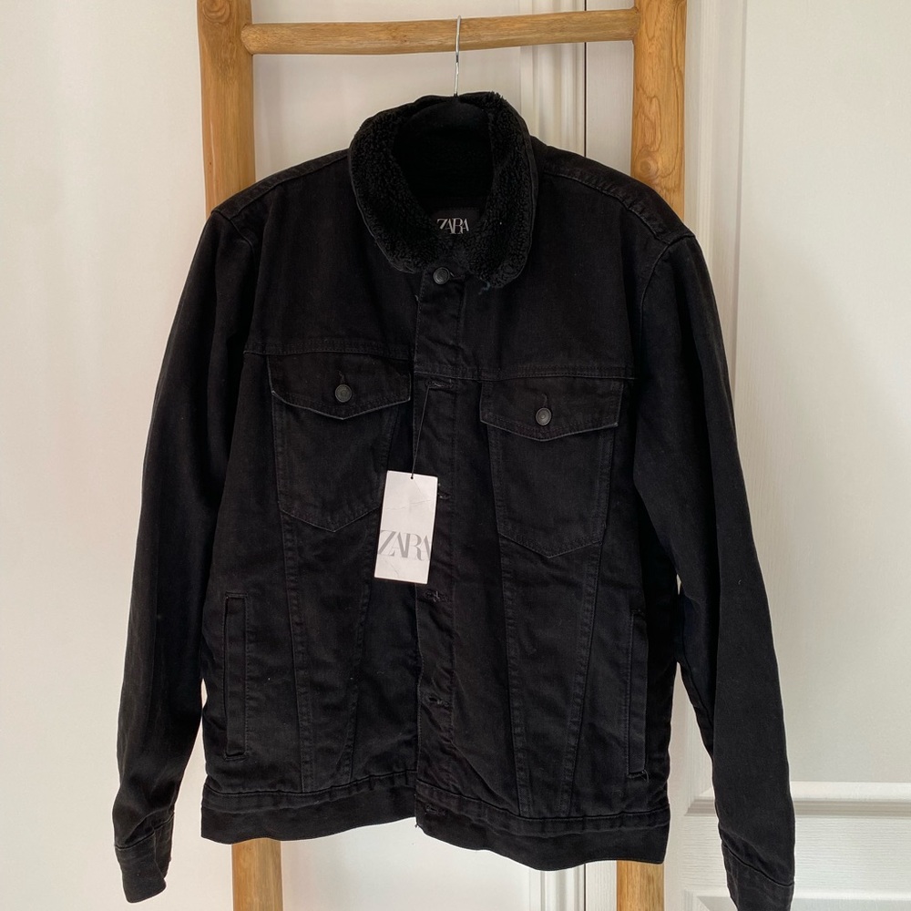 Zara Black Denim Jacket Men’s XL Faux Sherpa-Lined Button Up Trucker Winter NWT